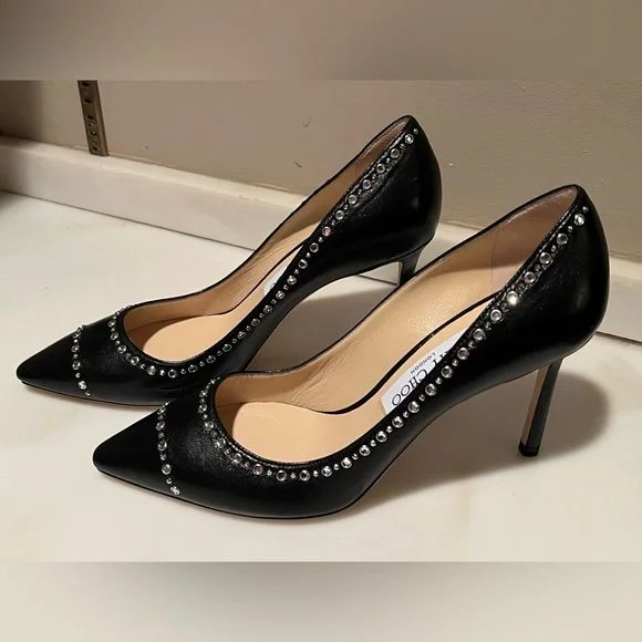 NWOT—JIMMY CHOO Romy 85 Black Heels with Silver Studs, Size 37.5 (US 7)